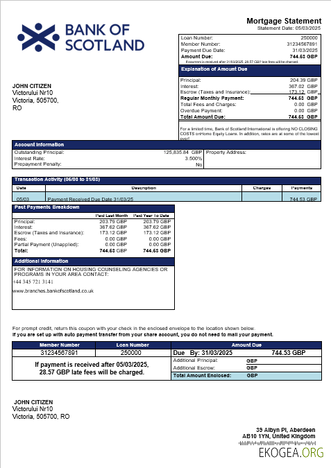 Relevé hypothécaire de la UK Bank of Scotland aux formats Word et PDF